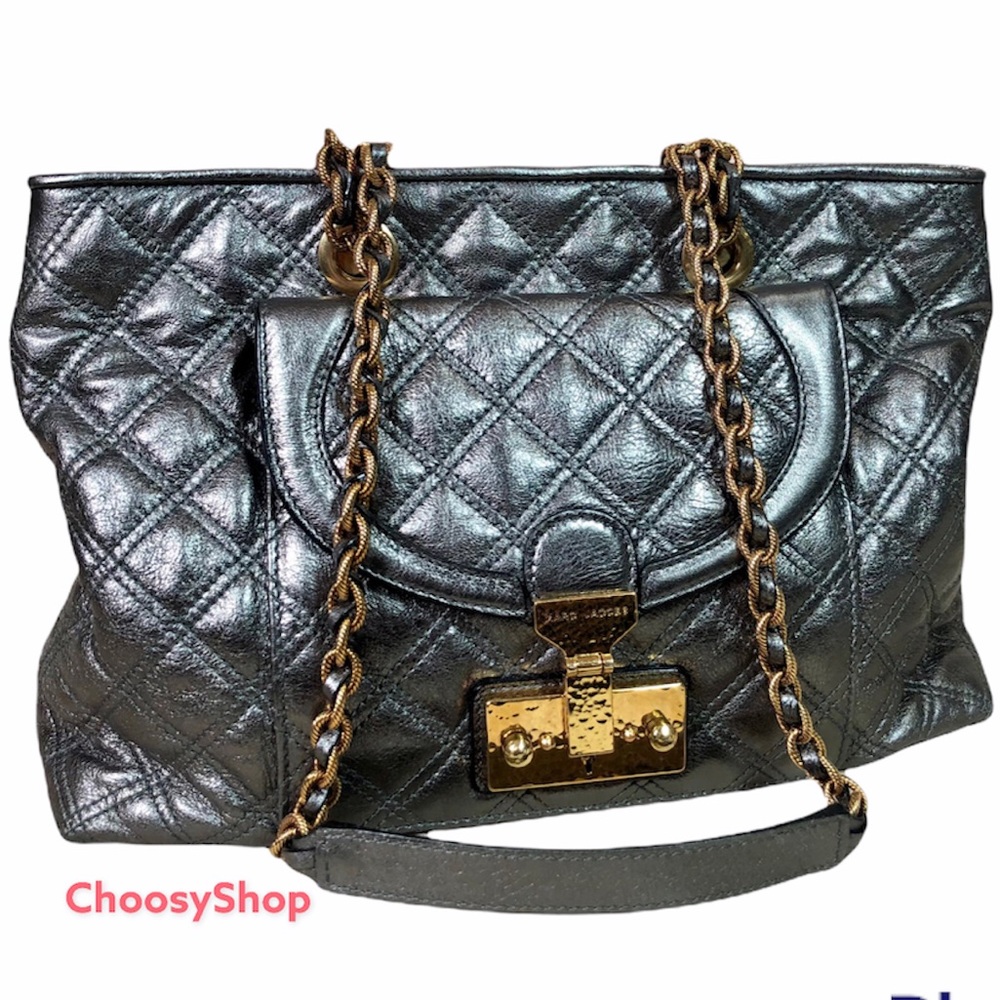 Marc Jacobs Leather Bag Astor metallic silver quilted Dustbag, Key, Cards, ta…